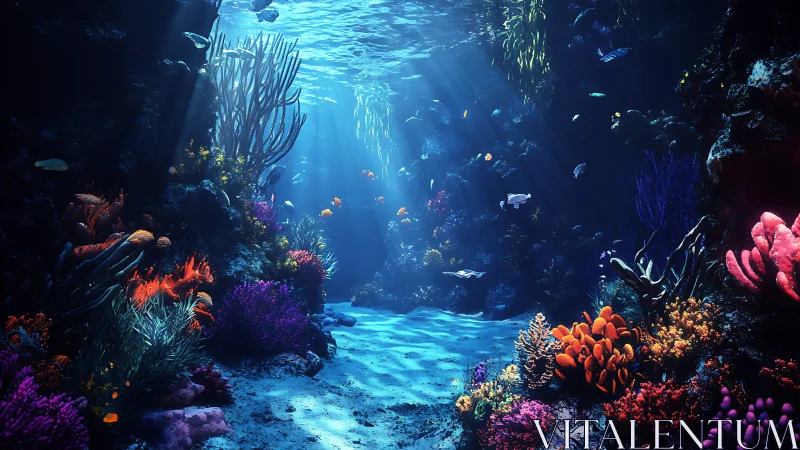 Sunlit coral reef corridor shimmers with vivid marine life.