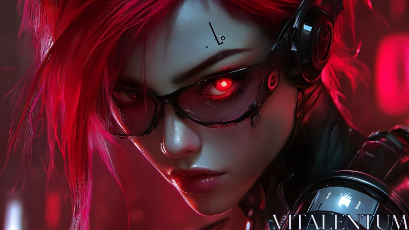 Cybernetic woman with glowing red eye in neon light.