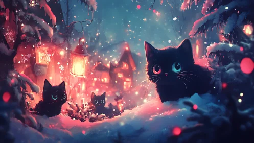 Volumetric nocturnal landscape with black cats and luminescent architectural environment