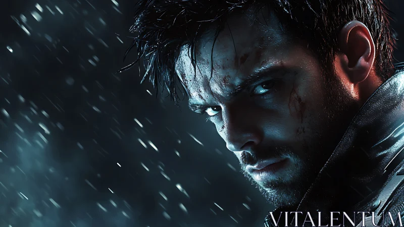 Stormlit rogue staring down destiny in electric rain.