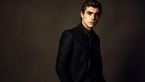 Moody studio portrait of stylish man in dark tailored suit.