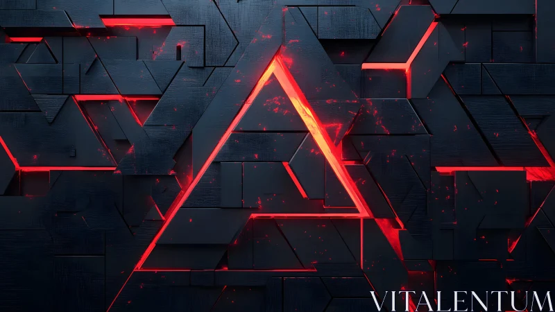 Futuristic dark geometric wall with glowing red triangle highlight.