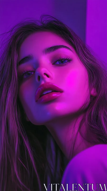 Close-up neon portrait of woman in vivid magenta light.