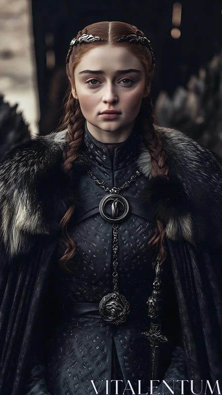 Young medieval noblewoman stands armored in fur and braids