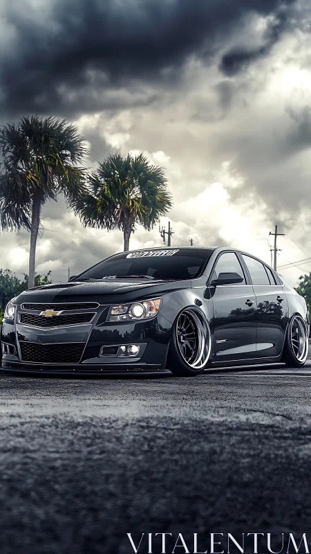 Storm‑ready slammed Chevy prowling under bruised skies.