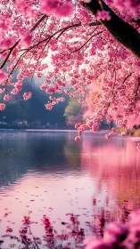 Photorealistic cherry blossom canopy over reflective lake surface.