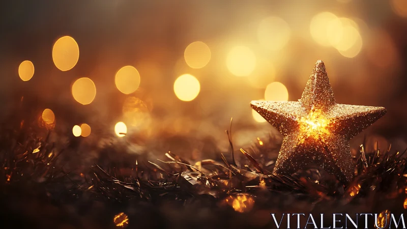 Glittering gold star ornament on tinsel with defocused lights.