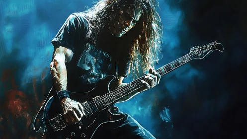 Long-haired guitarist plays electric guitar under blue stage light