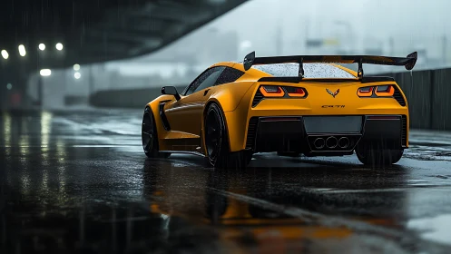 Photorealistic rear three-quarter of yellow supercar in rain.