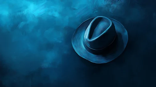 Digital painting of blue fedora on atmospheric textured field.