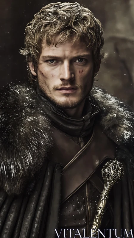 Battleworn northern lord in fur cloak and ornate scepter.