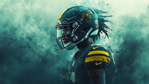 Digital portrait of American football player in teal smoke