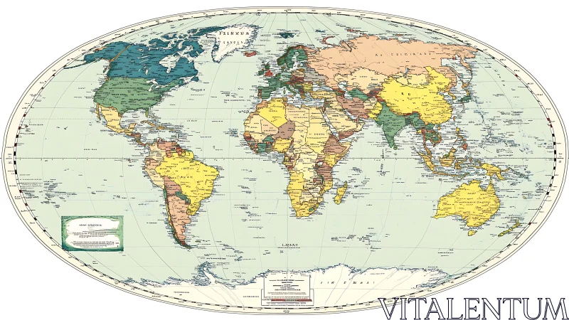 Political world map in oval projection with labeled countries.