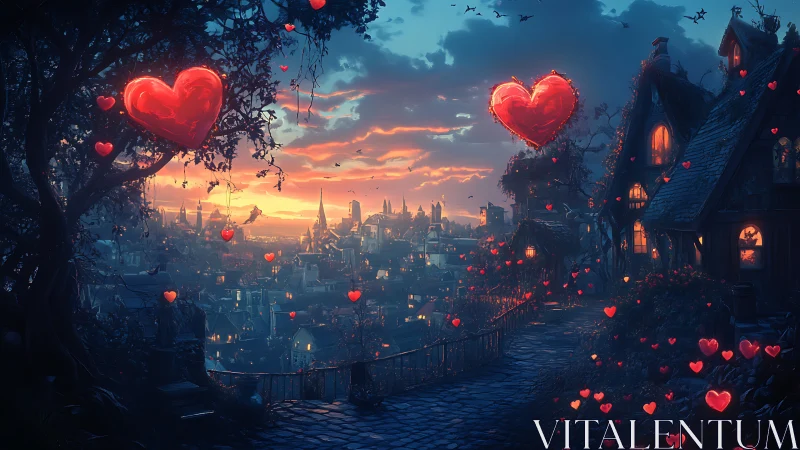 Glowing Hearts Float Over a Romantic Enchanted City