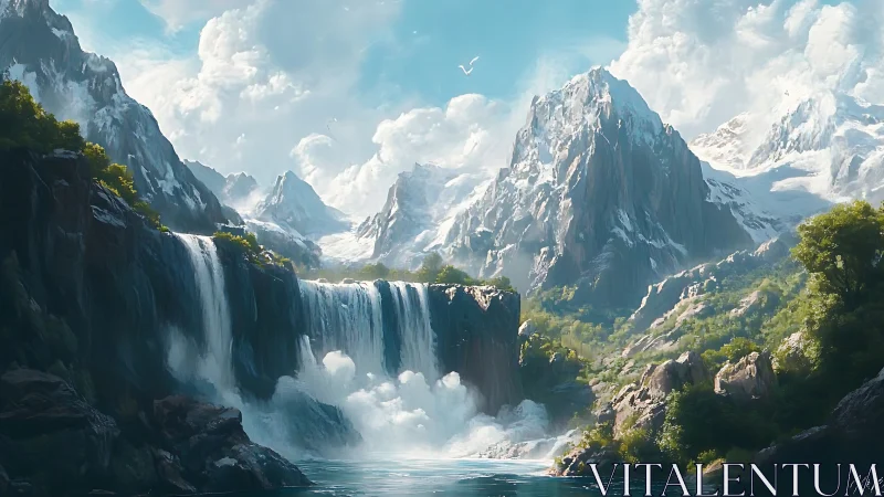 Majestic alpine waterfall cascades below towering peaks.