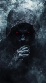 Dark hooded figure with glowing red eyes in dense smoke.