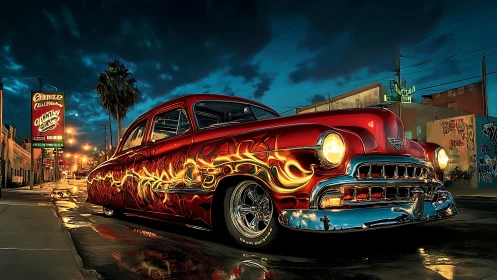 Midnight boulevard cruiser wrapped in wildfire chrome dreams.