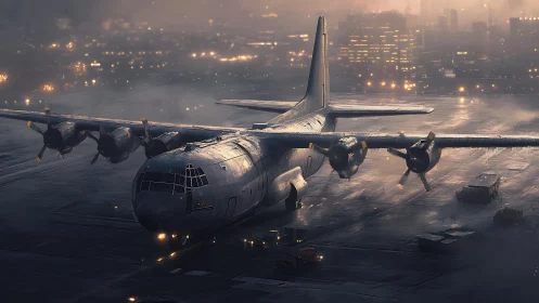 Military cargo aircraft waits on wet runway at night