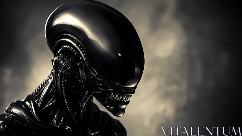Biomechanical xenomorph profile in high-contrast monochrome render