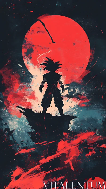 Backlit warrior silhouette framed by oversized textural red moon