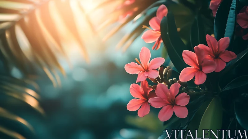 Pink Flowers Bathed in Golden Sunset Light.