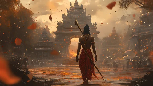Warrior ascends sacred temple path under burning sky.