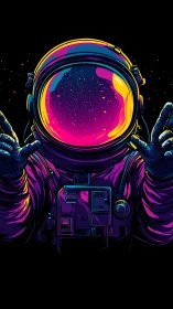 Astronaut illustration with neon space reflection on visor.