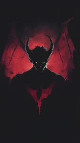 Horned demon silhouette stands before red wings in shadow
