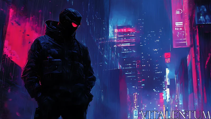 Hooded cyberpunk figure waits in neon-soaked rainy alleyway.