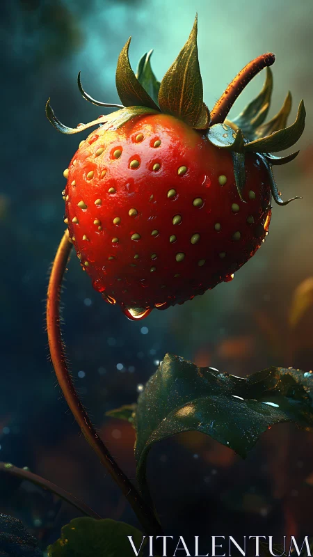 Single strawberry with water droplets in shallow focus field.