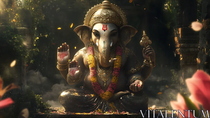 Ganesha statue sits in ornate temple setting with soft light
