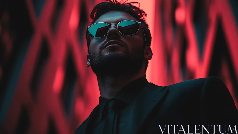 Cool night city portrait in bold neon red reflections.