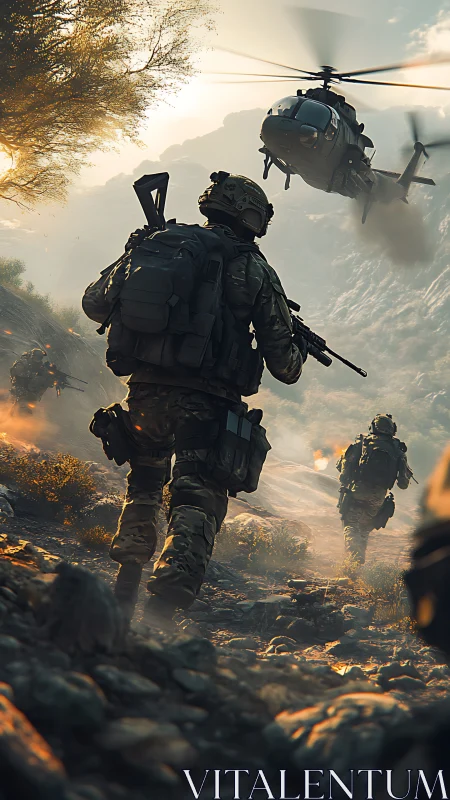 Helicopter and soldiers advance through rocky combat valley.