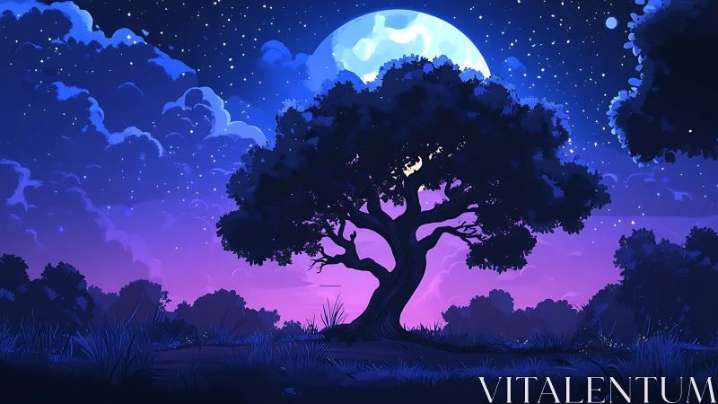 Moonlit tree glows softly under a calm, starry twilight sky