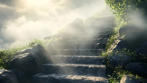 Stone steps ascending through mist with soft sunlight beams.