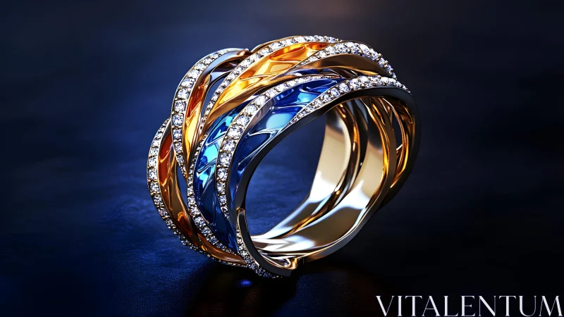 Elegant intertwined gold, blue, and diamond ring on dark background. Elegant intertwined gold, blue, and diamond ring on dark background.