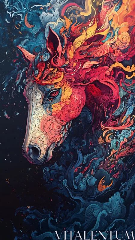 Flaming celestial horse emerges from swirling cosmic waves.