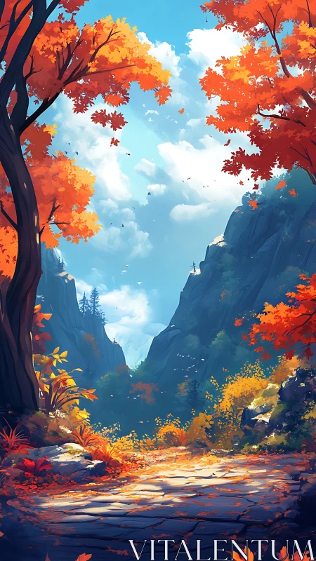 Digital Landscape With Autumn Foliage And Mountain Valley.