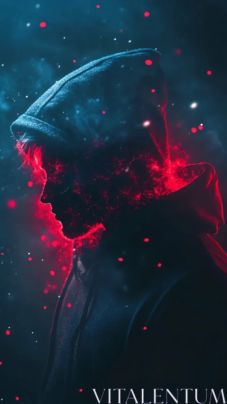 Hooded figure side profile dissolves into red particle glow