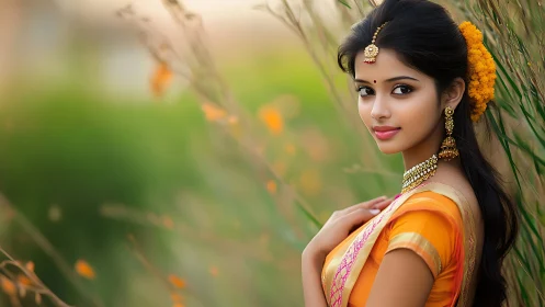 Photorealistic portrait of young woman in sari, shallow depth