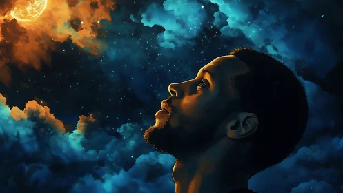 Dreamer gazing toward a glowing moonlit sky of wonder.