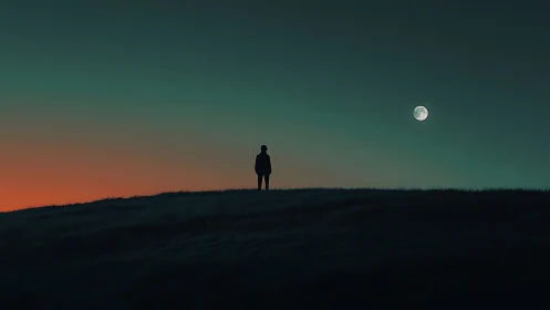 Silhouette on hillside under bright moon at deep dusk.