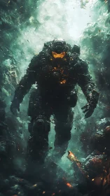 Storm-walker exosuit strides through molten cosmic wreckage.