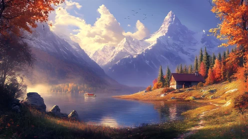 Autumn alpine lake with red cabin and misty snow peaks.