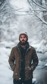 Bearded wanderer pausing riverside beneath quiet snowfall.