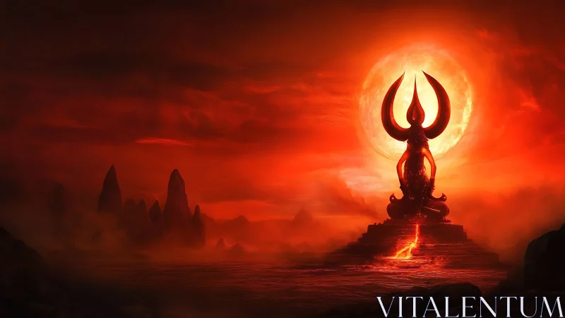 Fiery horned statue before burning sun on dark altar.
