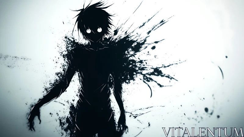 Ink-splattered silhouette character with glowing eyes.