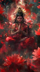 Divine meditating goddess levitating amid crimson lotus bloom