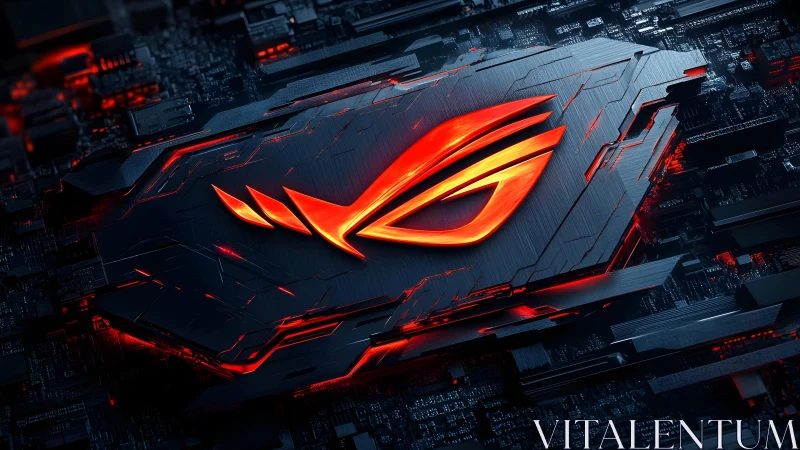 Futuristic ROG Logo on High-Tech Circuit Board with Neon Glow.