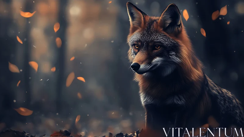 Digital painting of fox in autumnal bokeh forest atmosphere.